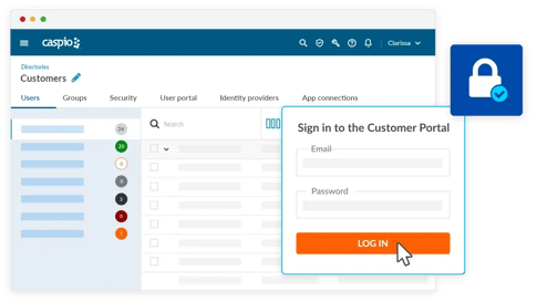 Caspio user directory with role-based access controls and a secure customer portal login screen, highlighting authentication and data security for web portals