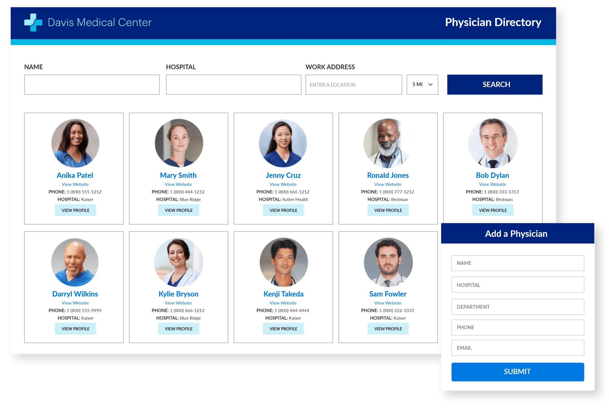 Doctors portal with profile images and registration form
