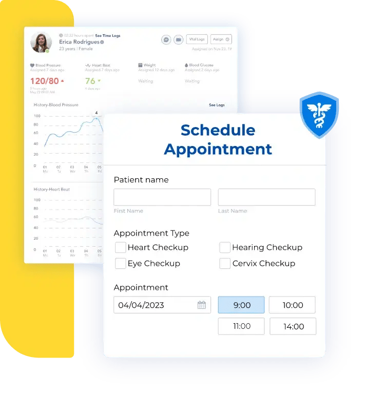 Healthcare scheduling and patient portal interface showing appointment booking, patient health metrics, and secure clinical workflows built with Caspio.