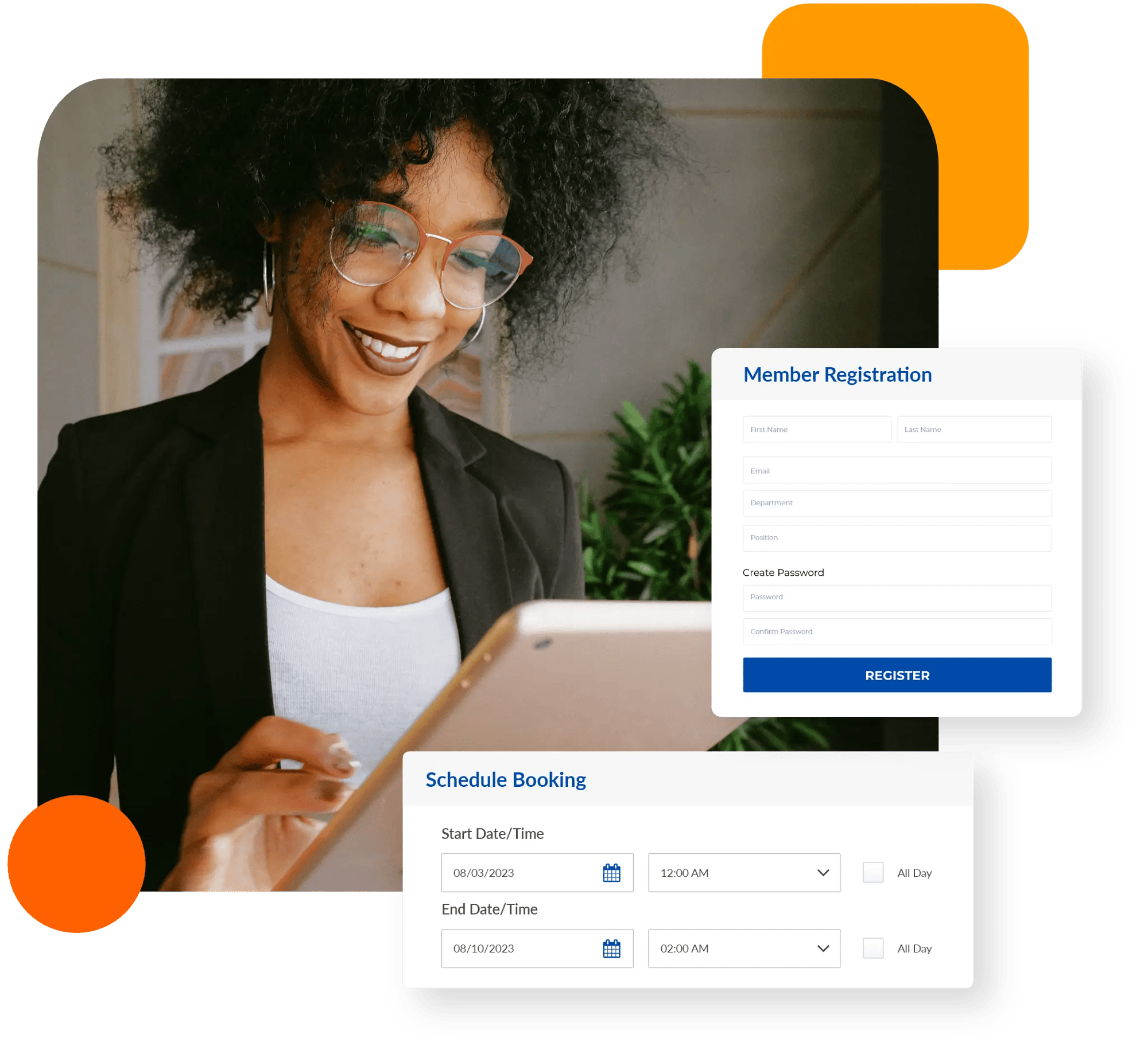 Business user on her tablet with a floating registration and schedule booking form.
