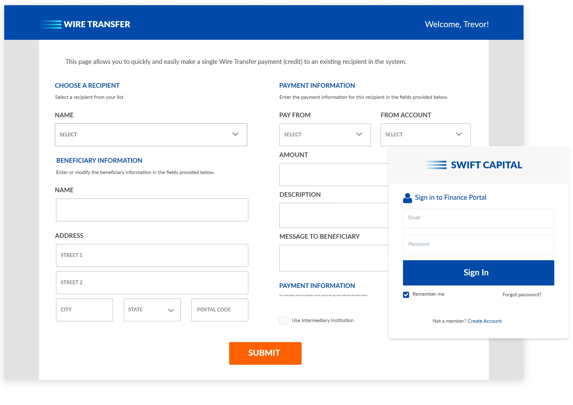 Wire transfer form with floating sign in form.