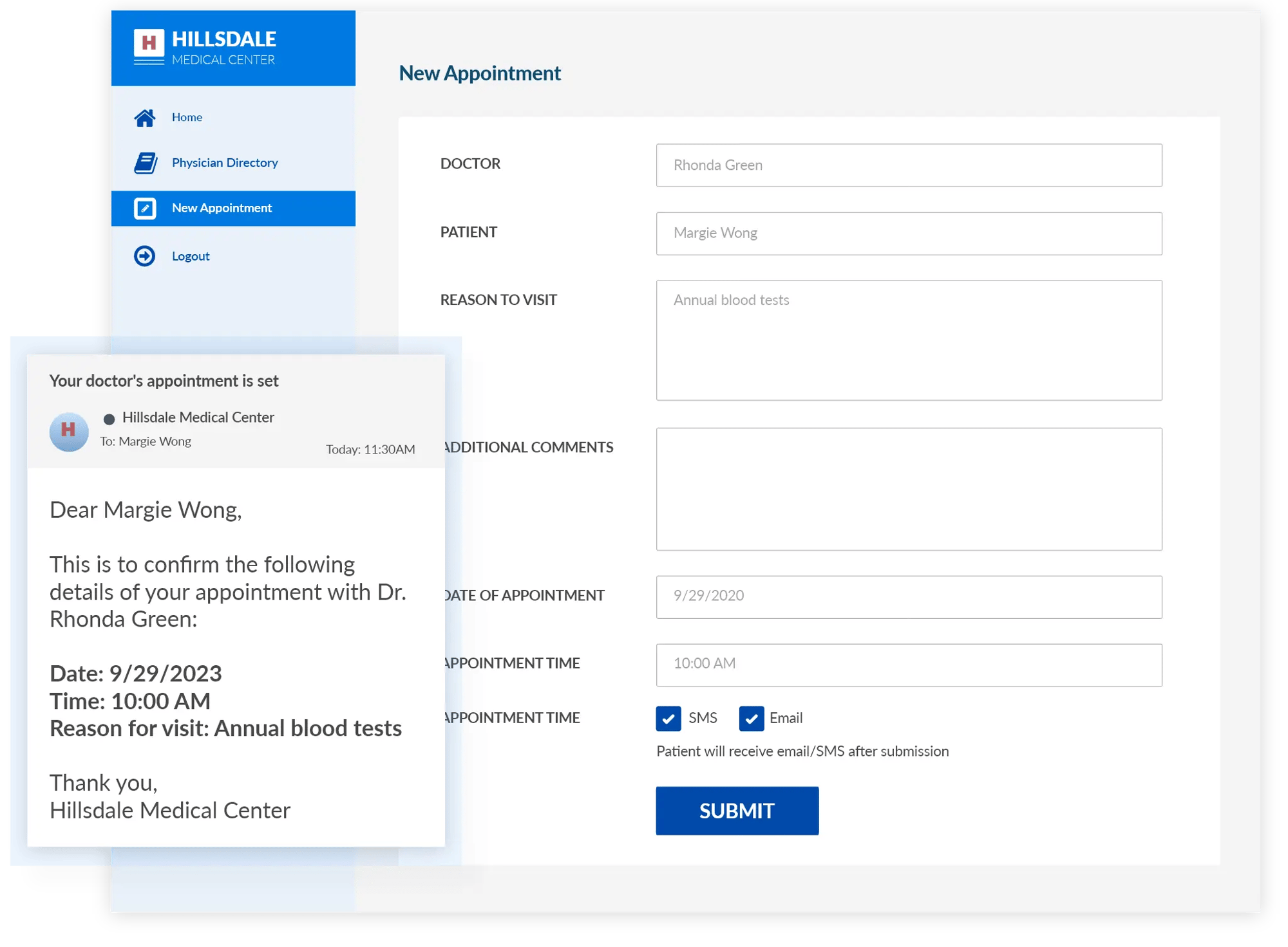 Physician appointment scheduling form with floating email notification.