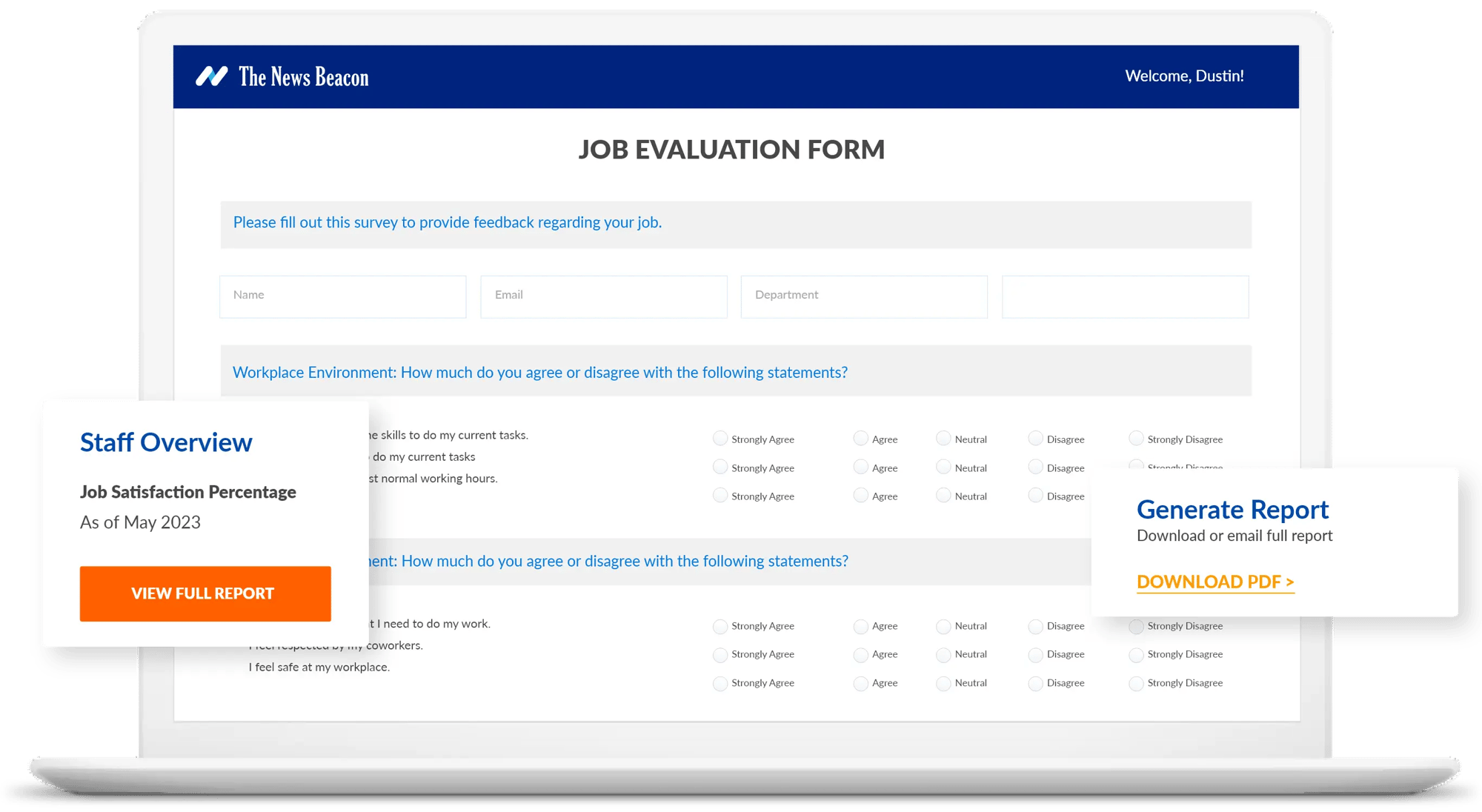 Job evaluation form with floating elements to view and download report.