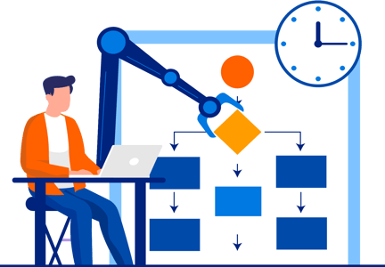 Case management work on laptop with flowchart illustration