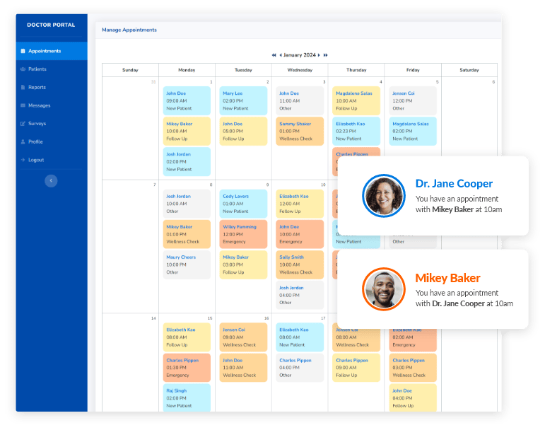 Appointment scheduling calendar part of a healthcare crm