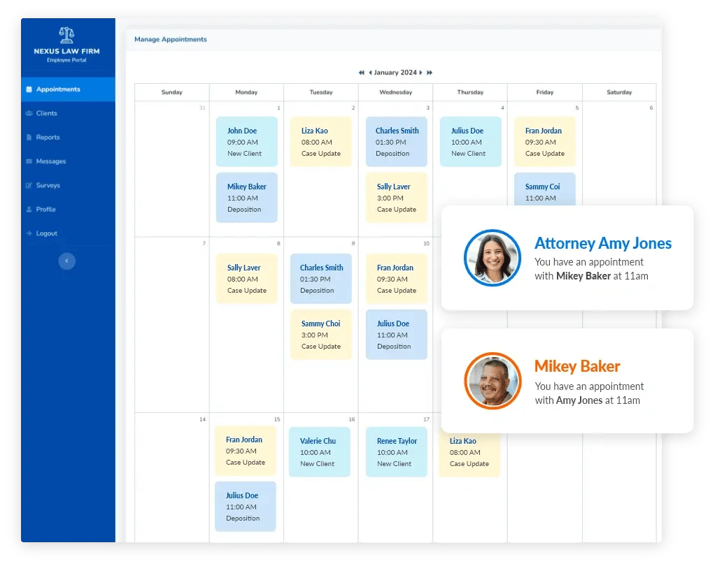 Legal case management appointment scheduling calendar