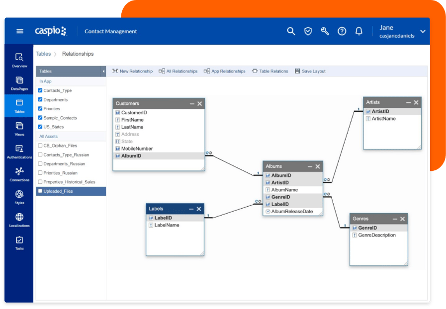 Product screen showing table relationships