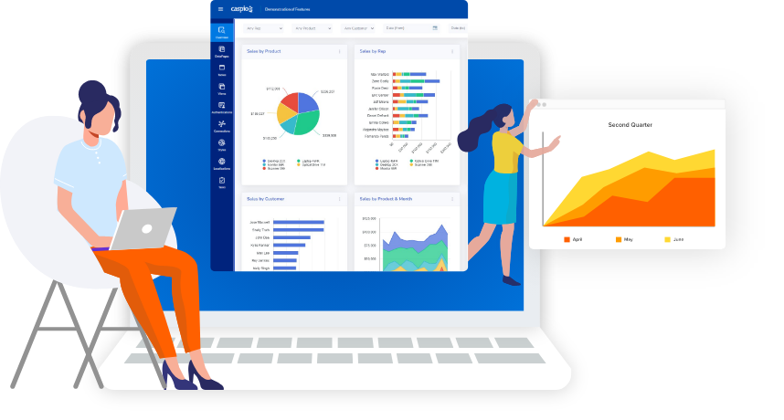 Custom CRM dashboard built with Caspio, showing interactive charts and analytics that support fully customizable CRM systems with unlimited users and no coding required.