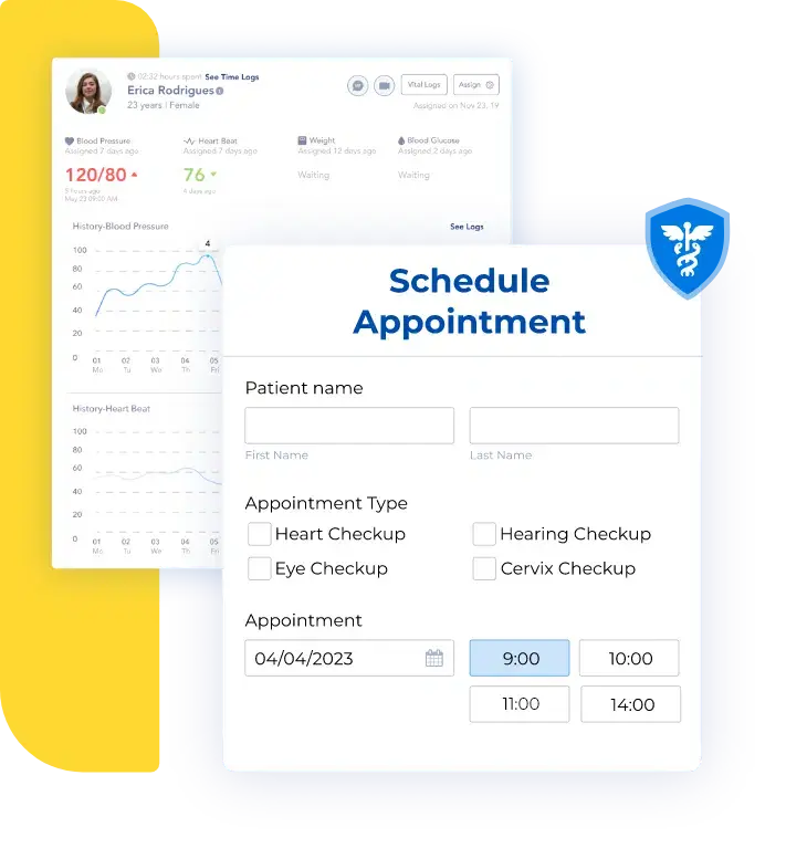 Healthcare scheduling and patient portal interface showing appointment booking, patient health metrics, and secure clinical workflows built with Caspio.