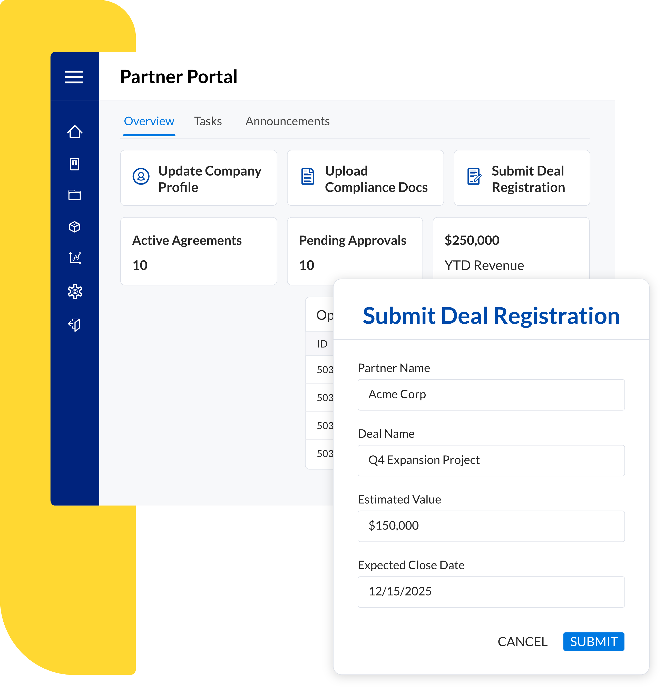 Caspio partner portal interface showing project management tools, deal registration form, role-based navigation menu, and real-time project metrics used for managing tasks, resources, and budgets