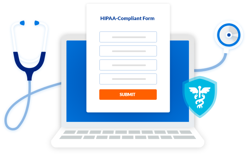 Illustration of a HIPAA-compliant healthcare form with secure login, encryption shield, and medical icons representing protected patient data and controlled access