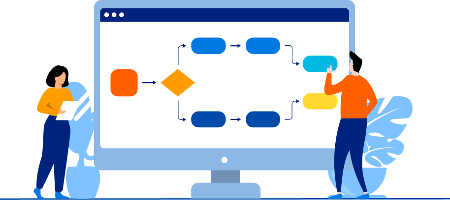 Illustration of a team designing an internal workflow on a large monitor, representing secure automated processes and custom internal tools for real-time operations.-1
