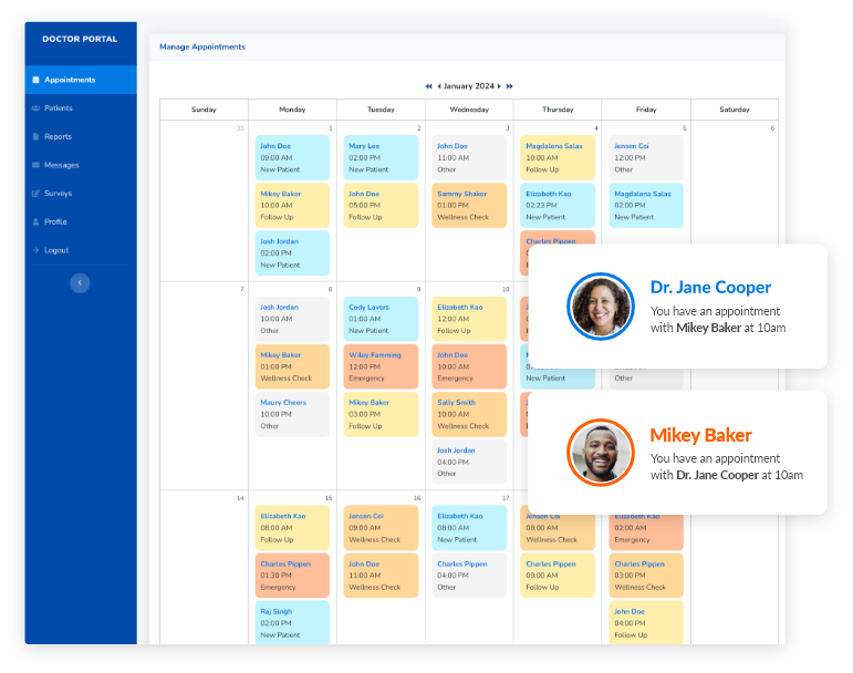 Appointment scheduling calendar part of a healthcare crm