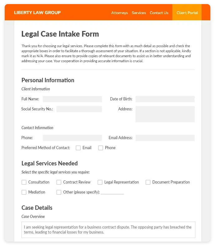 Legal case intake form