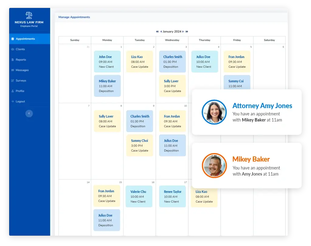 Legal case management appointment scheduling calendar
