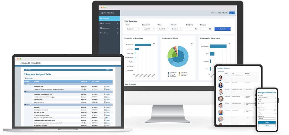 Caspio's online database platform displayed across multiple devices