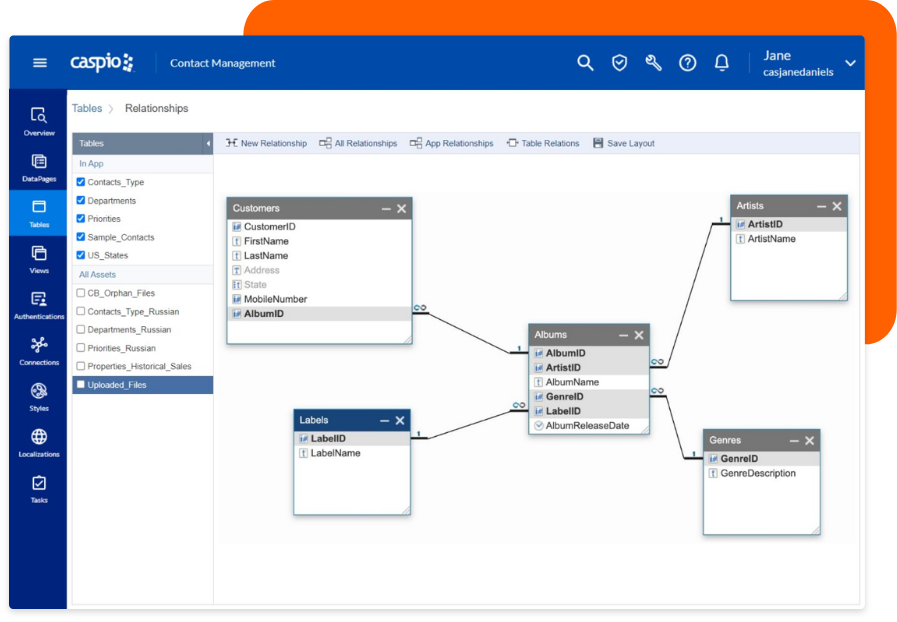 Product screen showing table relationships